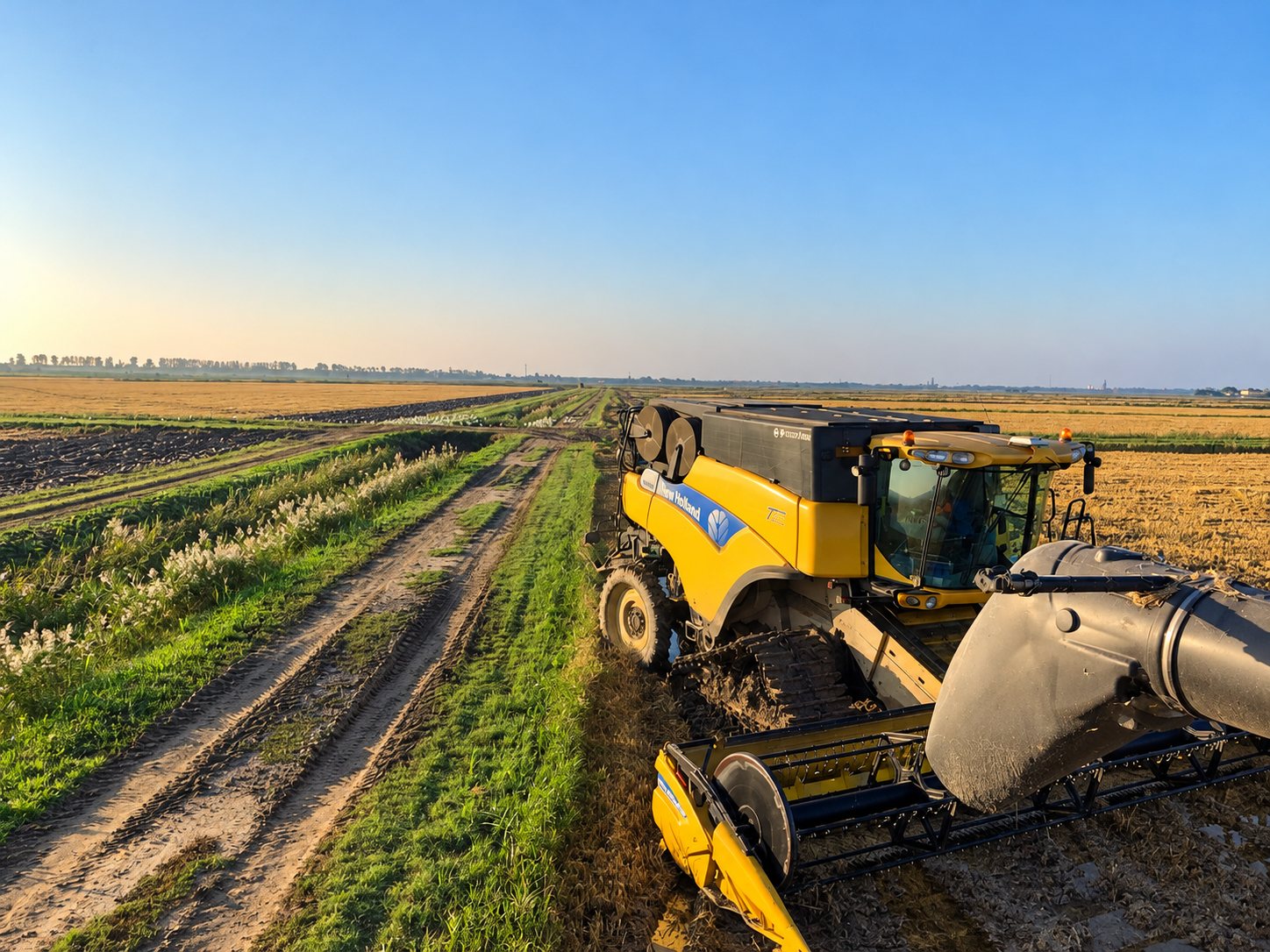 Une moissonneuse-batteuse jaune New Holland avance dans un grand champ de céréales bordé d'un chemin de terre, sous un ciel clair.