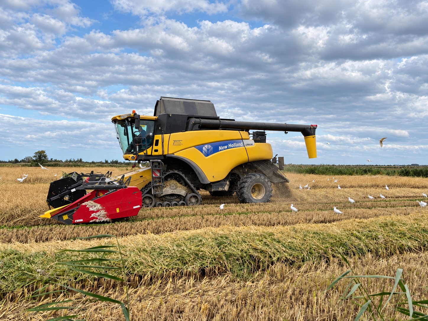 Une moissonneuse-batteuse jaune New Holland récolte une rizière sous un ciel nuageux, entourée d'aigrettes blanches.