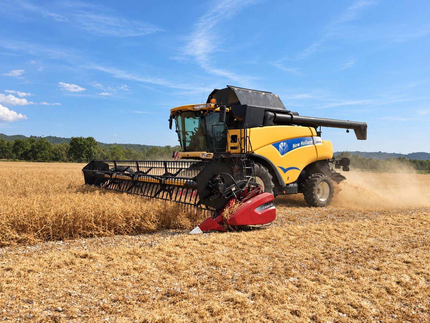 Une moissonneuse-batteuse jaune New Holland équipée d'une barre de coupe rouge Case récolte un champ de céréales sous un ciel bleu, dans un nuage de poussière.
