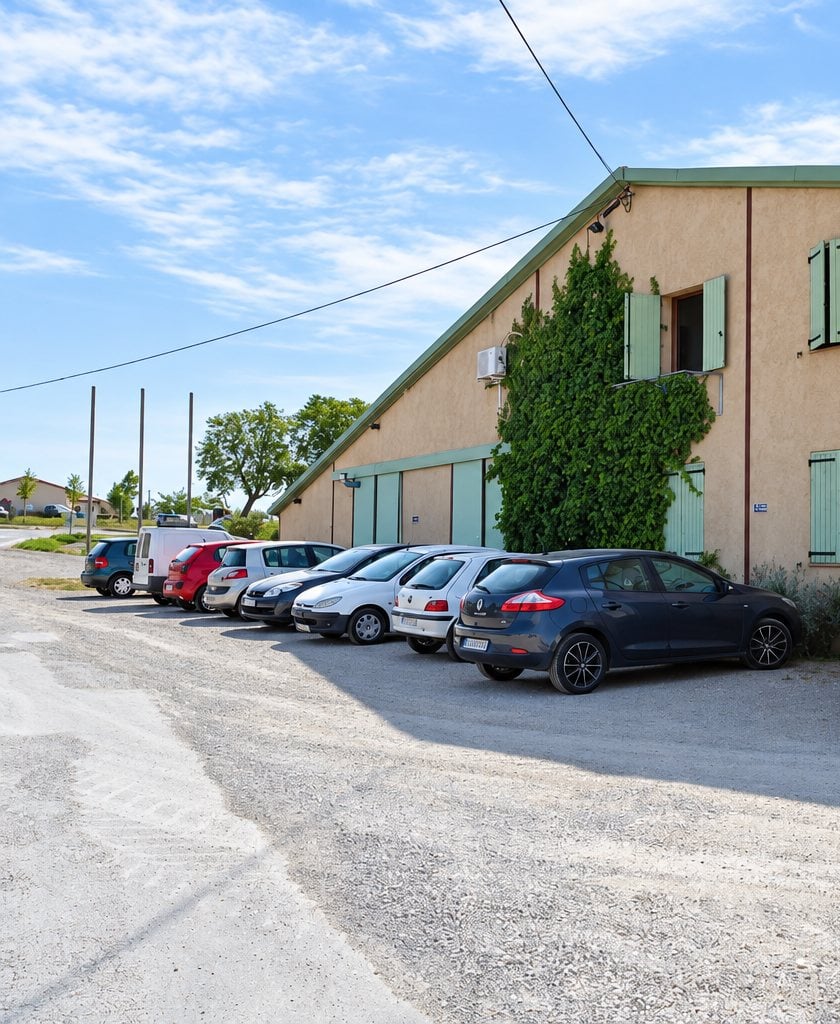 Façade beige aux volets verts et au lierre du bâtiment de l’entreprise, avec plusieurs voitures garées sur le parking en gravier.